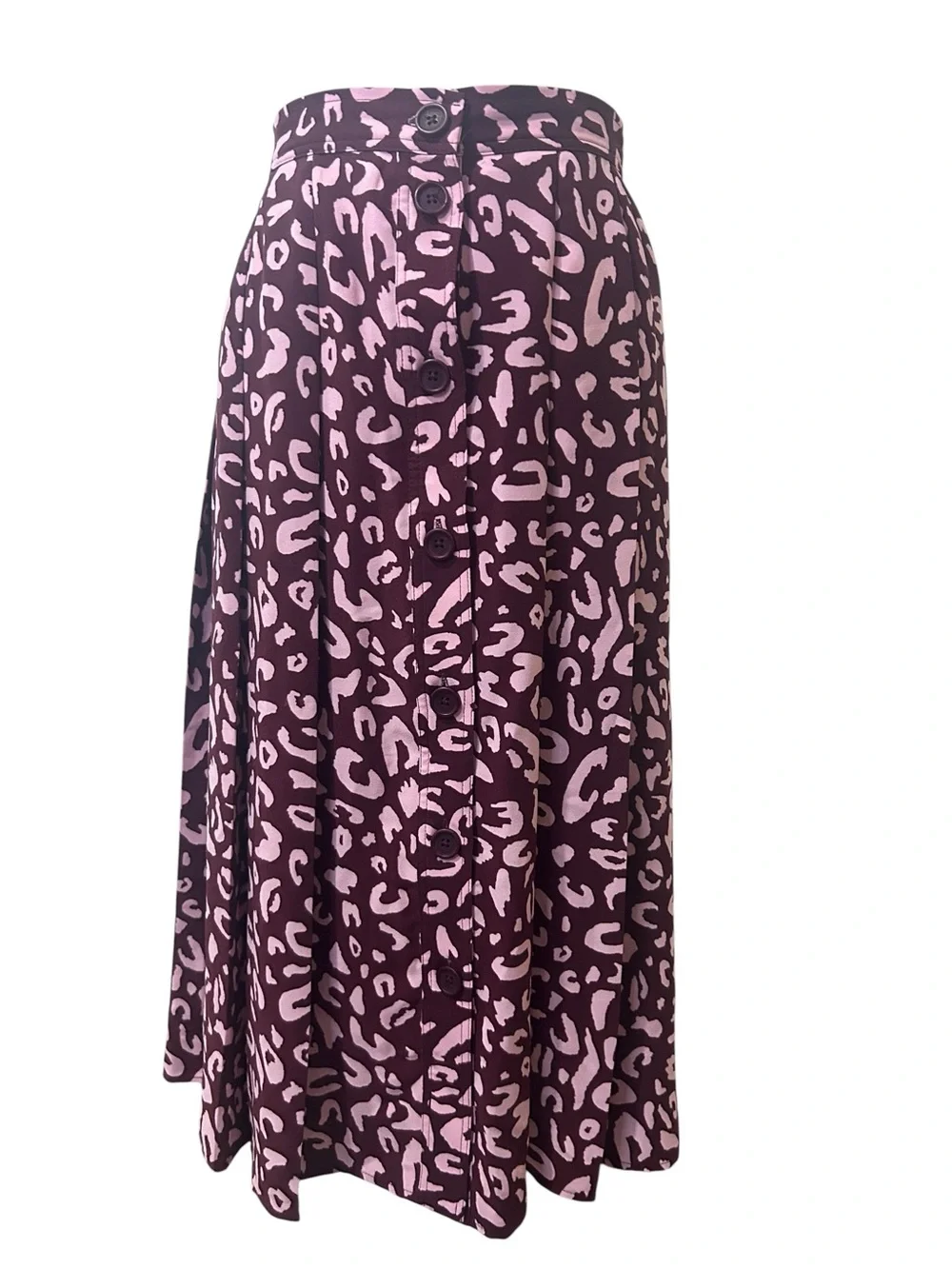 ModCloth Leopard Print Button Front Midi Skirt Size 4 Pink Burgundy A-Line Retro
